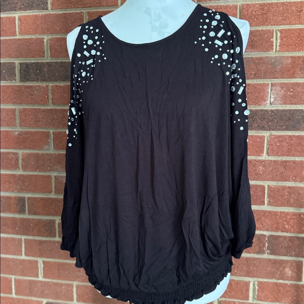 INC International Concepts Cold Shoulder Black Rhinestones Smocked Waist